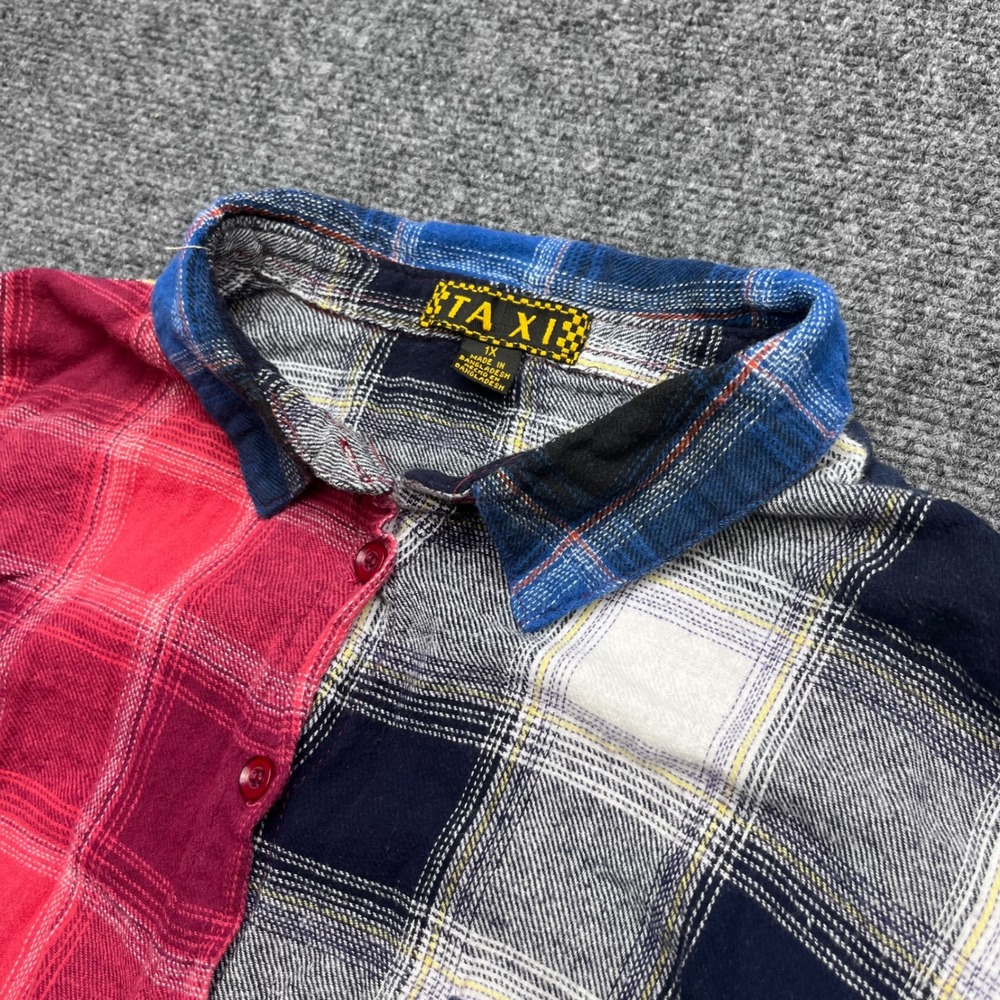 Taxi Patchwork Colorblock Plaid Flannel Button Down High Low Shirt 23571XR